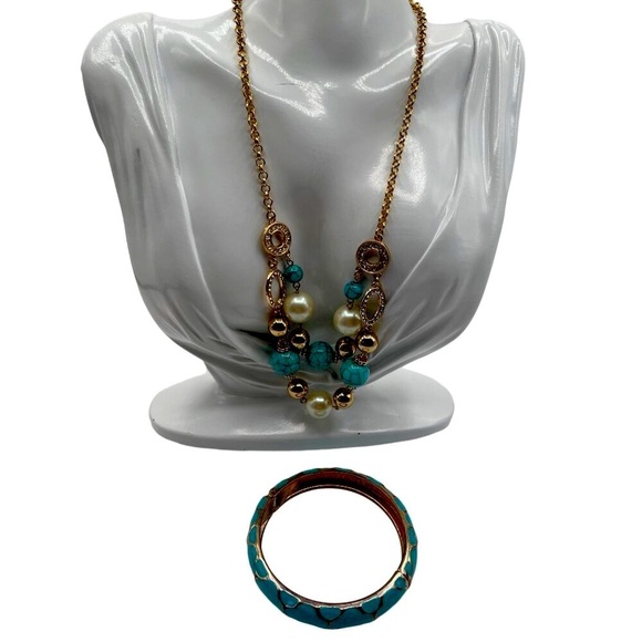 Turquoise & Gold Tone Beaded Necklace & Bangle Set - Faux Pearl & Crystal N43 - Picture 1 of 7